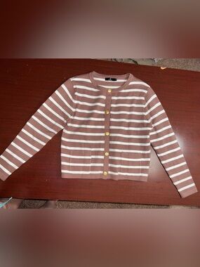 Striped Brown and White Button-Front Crewneck Cardigan